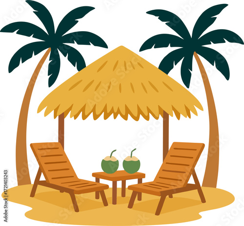 Beach scene with palm cabana loungers table coconuts flat vector isolated