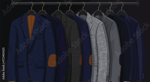 A stylish collection of men's blazers hanging in a modern wardrobe
