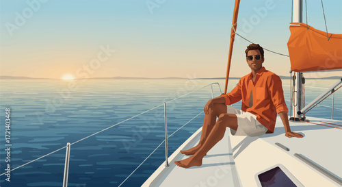 Stylish man relaxing on a luxury yacht at sunset enjoying the sea voyage
