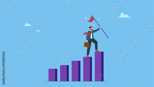 Success businessman climbing growth bar graph to the top to stab down winning flag. Achievement or business success, reaching goal or target, challenge and career growth.