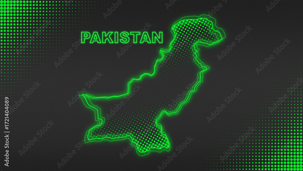 Fototapeta premium Neon Green Pakistan Map Outline Futuristic Digital Glow Halftone Illustration