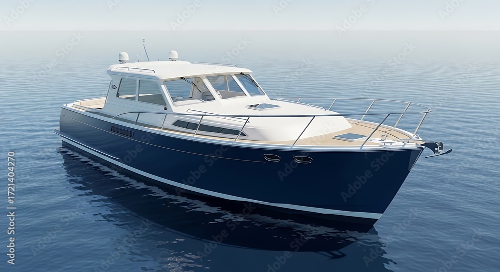 Fototapeta premium Luxury Yacht White and Blue Cruiser Sailing on Calm Ocean Water