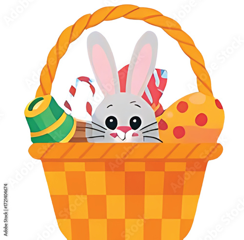 Easter Bunny in Basket with Colorful Eggs and Carrot Cartoon Illustration