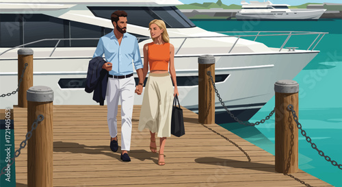 Couple strolls hand-in-hand on a dock with yachts in the background