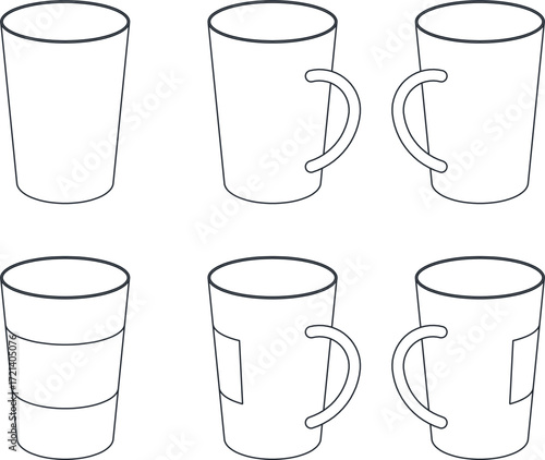Vector set of coffee mugs and cups in minimalist black outline design