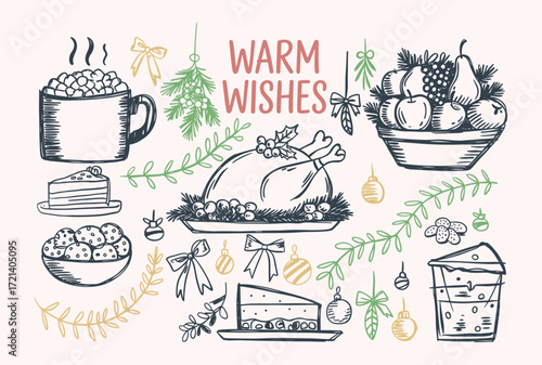 A Festive Collage of Culinary Delights Featuring a Roast Turkey, Delectable Desserts, and Cheerful Holiday Symbols, Conveying Warm Wishes for Gatherings