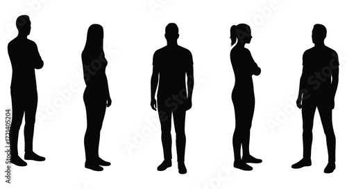 Silhouette figures of five people standing in a row facing forward