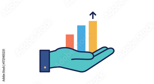 A hand gently supporting growing bar graphs representing progress and success