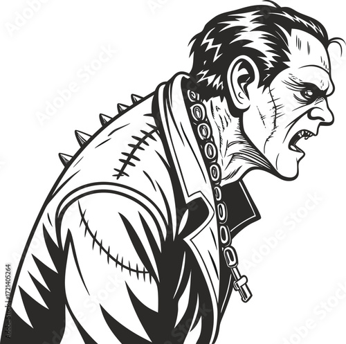 Terrifying frankenstein monster character art with stitches and menacing expression in bold black and white line drawing style