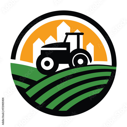 Illustration of a tractor on a farm field with a sunset background, showcasing agriculture, farming, and rural life in a circular design