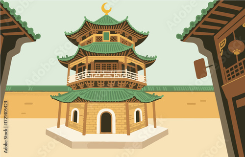Chinese style architecture and scenery, vector graphics

