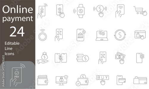 Online Payment Editable Line Icons Set. Payment icons, Containing cashless wallet, e-wallet, money transfer, banking, credit card, cash, transaction, and more. Vector illustration