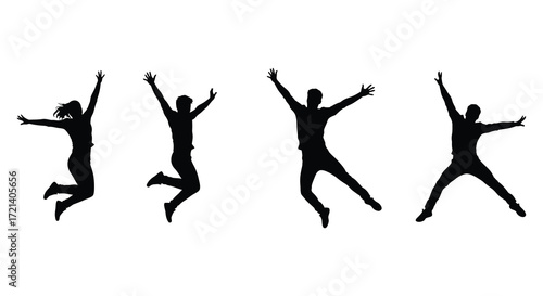 Four silhouettes of people jumping in the air with arms raised