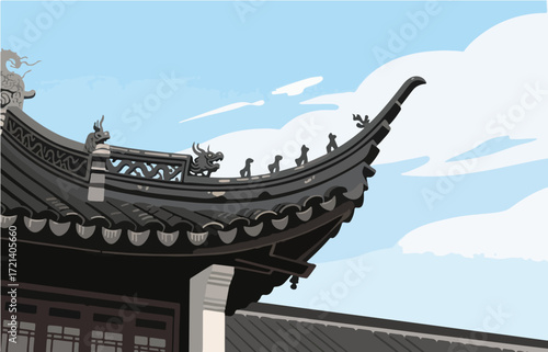 Chinese style architecture and scenery, vector graphics
