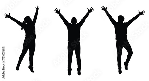 Three silhouettes of people joyfully jumping with arms raised high