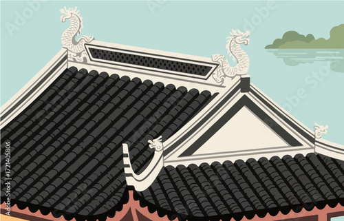 Chinese style architecture and scenery, vector graphics
