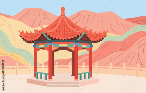Chinese style architecture and scenery, vector graphics
