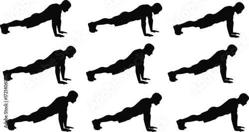 Silhouette of man doing push ups, fitness exercise, bodyweight training, strength workout, gym routine, healthy lifestyle, sport activity, muscle building