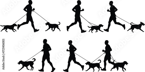 Silhouette of man jogging with dog on leash, running exercise, fitness training, outdoor activity, healthy lifestyle, pet walking, companionship