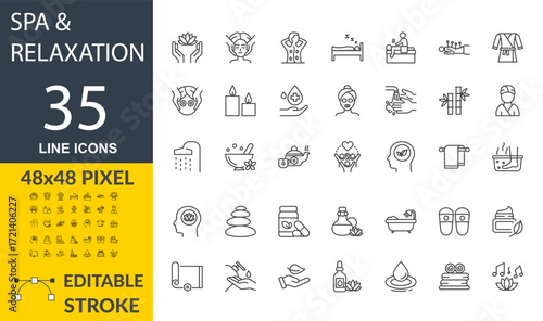 Spa and Relaxation Line Icon Set, 35 Editable Stroke icons, Wellness, Massage, Self_Care Minimal Outline Icons, Yoga, Bath, Aromatherapy, Beauty Thin Line, 48x48 Pixel Line set of icons for web design