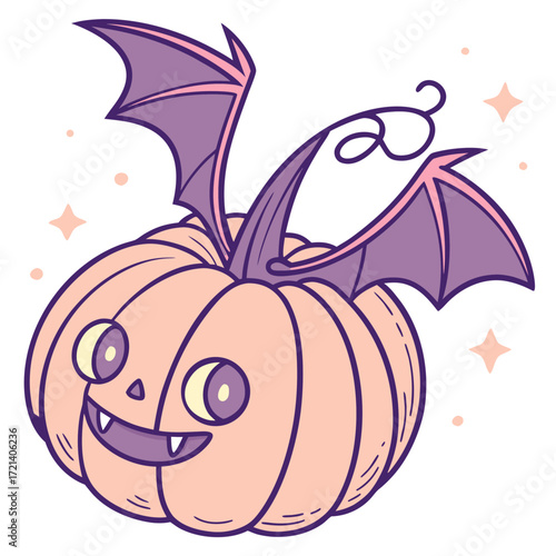 Halloween pumpkin with bat wings and a spooky face vector illustration