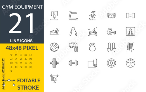 Gym Equipment Line Icon Set, 21 Editable Stroke Symbols, Fitness, Workout, and Exercise Machine Minimal Outline Icons, for Gym Tools and Sport Gear icons, 48x48 Pixel Line set of icons for web design