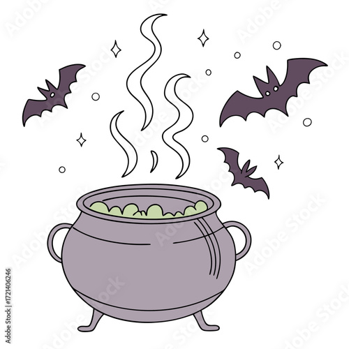 Halloween cauldron with bubbling green liquid and bats flying around vector illustration