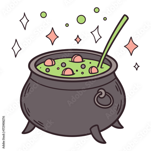 Witchs cauldron bubbling with green potion and floating ingredients, vector illustration