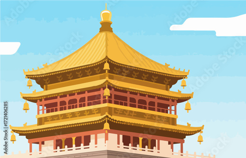 Chinese style architecture and scenery, vector graphics
