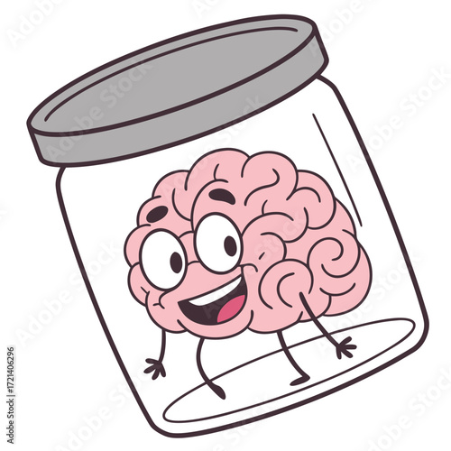 Cartoon brain character with arms and legs inside a glass jar vector illustration