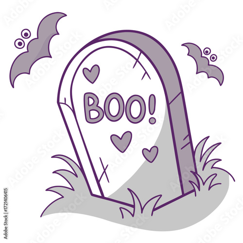 Tombstone with boo text and hearts, surrounded by grass and bats, vector illustration