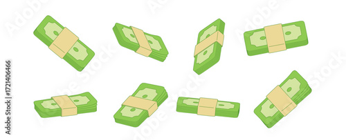Flat line art illustration of green money stacks in different isometric angles and perspectives. Minimal 3D effect, finance, banking, cash, savings or investment asset isolated on white background