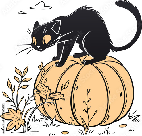 Whimsical black cat perched on a large pumpkin amidst autumn leaves celebrating halloween spirit