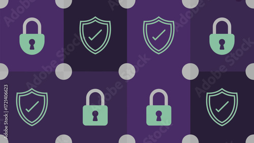 A repeating pattern of green locks and shields on a purple background with connecting white dots