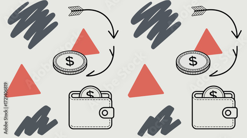 Illustration showing money flow with coins triangles wallets arrows and abstract dark shapes design