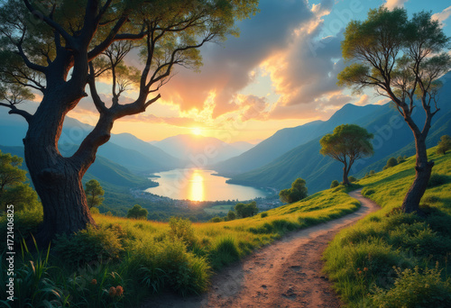 Stupendous Golden Hour Vista: Ancient Trees Frame a Shimmering Mountain Lake