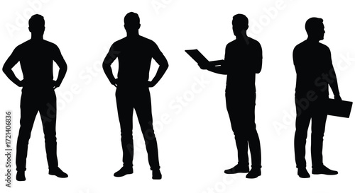 Four silhouetted men in various standing poses against a white background