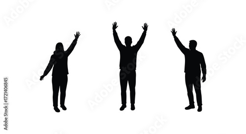 Silhouettes of three people with arms raised in a celebratory pose