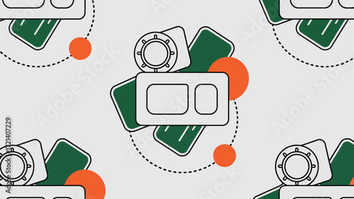 An illustration showing green rectangles with rounded corners and orange circles scattered around them