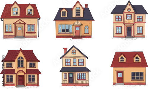 Cute cartoon houses set, hand-drawn vintage style homes, cozy suburban architecture illustrations for children’s books, games, real estate design