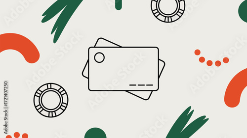 A minimalist illustration of credit cards and poker chips with abstract shapes scattered around it