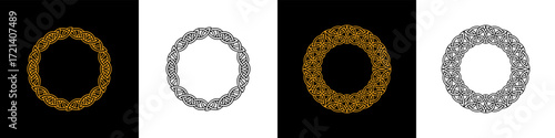 Set of four intricate celtic and viking style frames in black and gold, perfect for design projects.