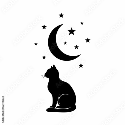 Black cat silhouette gazing at moon and stars.