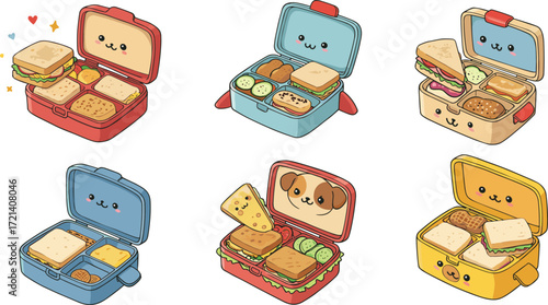 Cute kawaii lunchboxes with sandwiches, cookies, fruits, and snacks, kids school meal illustration, healthy food, smiling faces, cartoon style