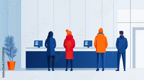 People at a banking counter, performing transactions, traditional banking services, 