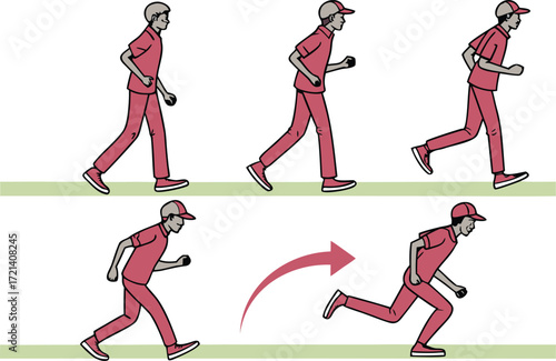 "Walking to Running Motion Sequence – Cartoon Illustration of Human Movement, Biomechanics & Physical Acceleration with Red Outfit"