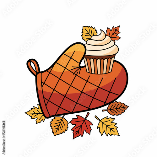 Orange oven mitt holding a delicious cupcake.