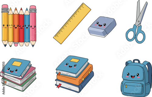 Cute cartoon school supplies illustration, kawaii stationery with faces, pencils, ruler, eraser, scissors, books, backpack, education, classroom, learning