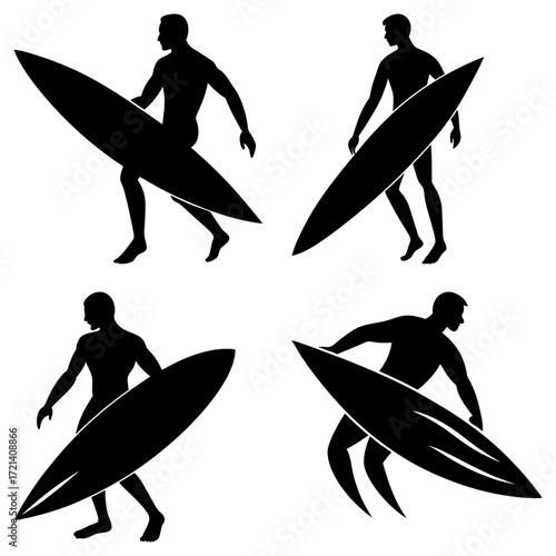 Silhouette depictions of surfers in various stances holding surfboards in a black and white composition
