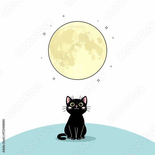 Cute black cat gazing at the moon.
